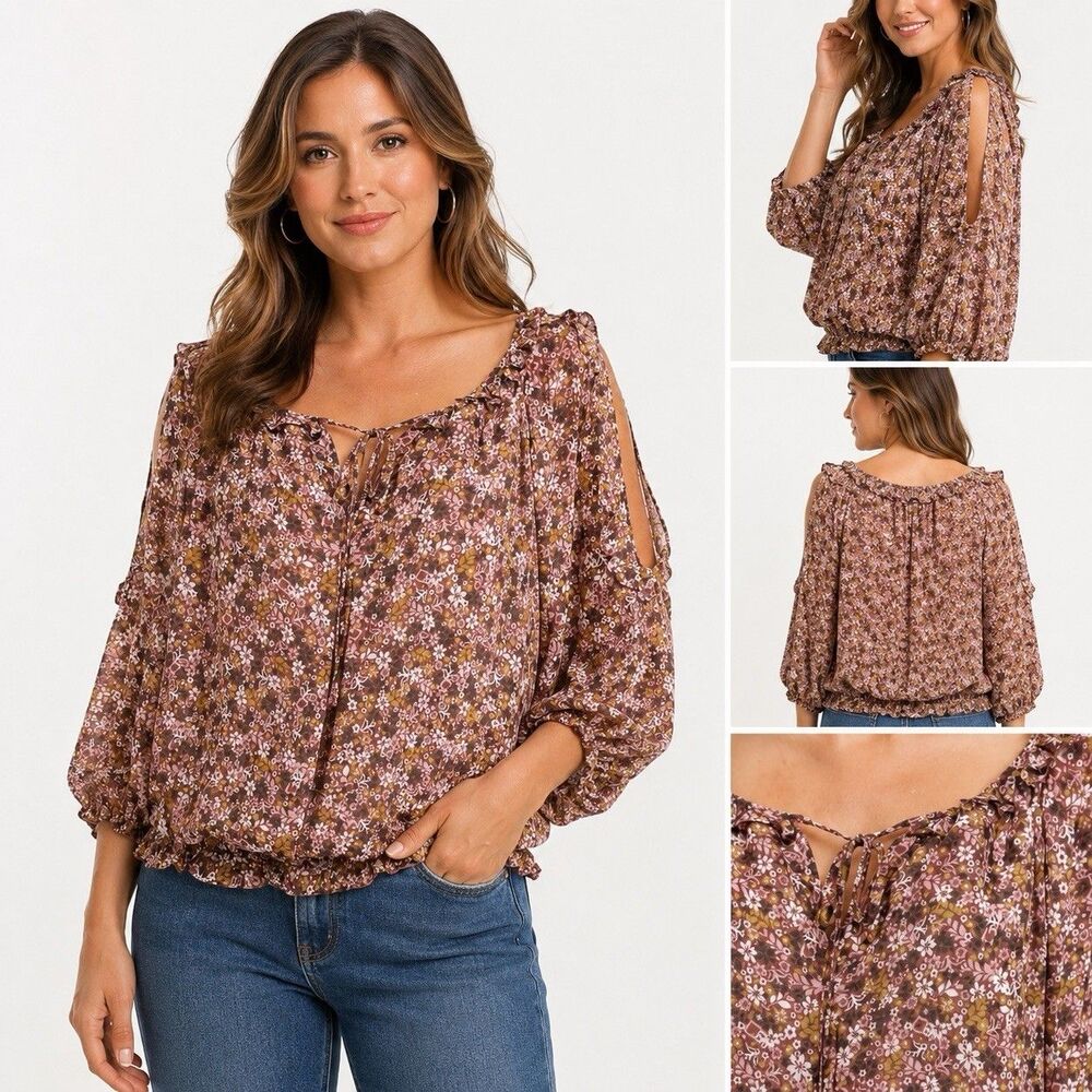 NWT MAX STUDIO Floral Cold Shoulder 3/4 Sleeve Peasant Top M Elastic Waist